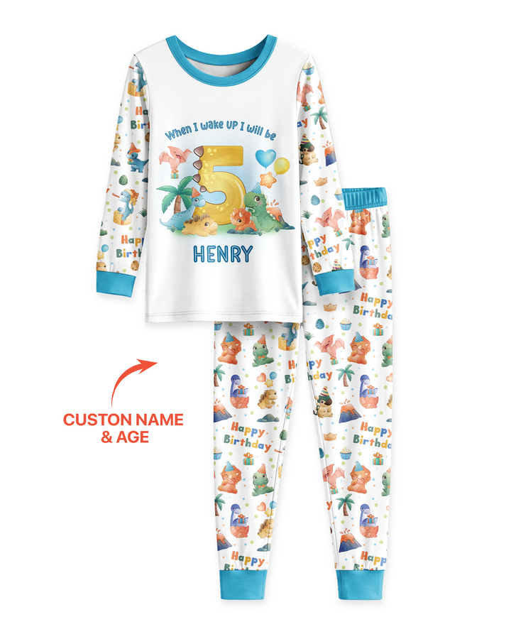 Custom Name When I Wake Up Birthday Dino Bamboo Two Piece Long Sleeve Pajama Set