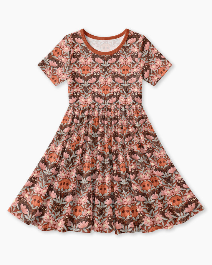 Spooky Owl Pumpkin Folk Floral Halloween Bamboo Twirl Dress