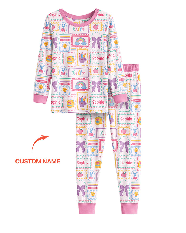 Custom Name Hello School Bamboo Two Piece Long Sleeve Pajama Set