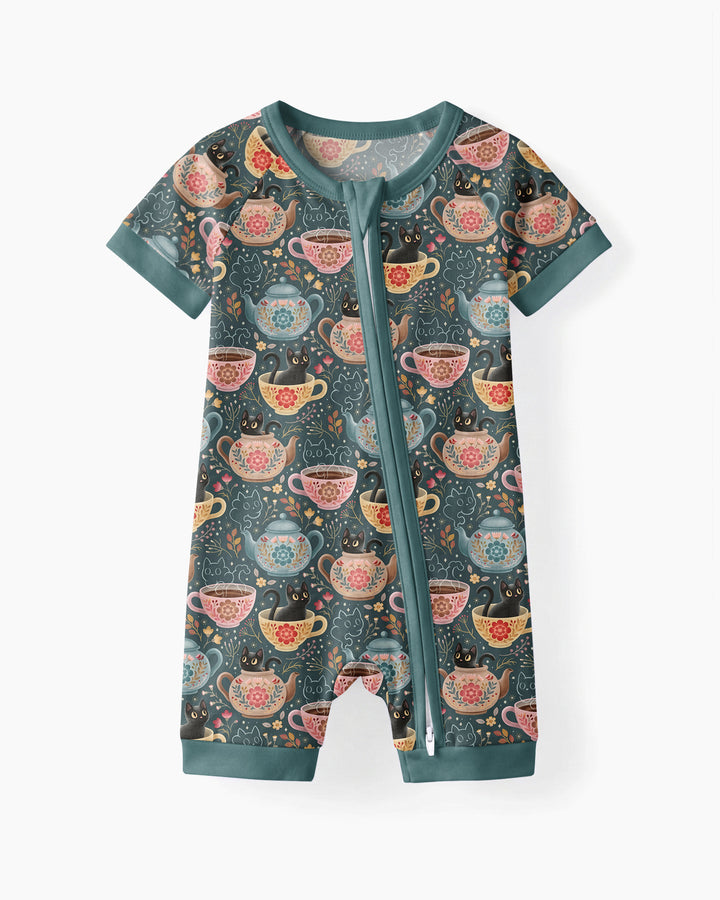Folk Floral Black Cat Tea Party Bamboo Shorty Zippy