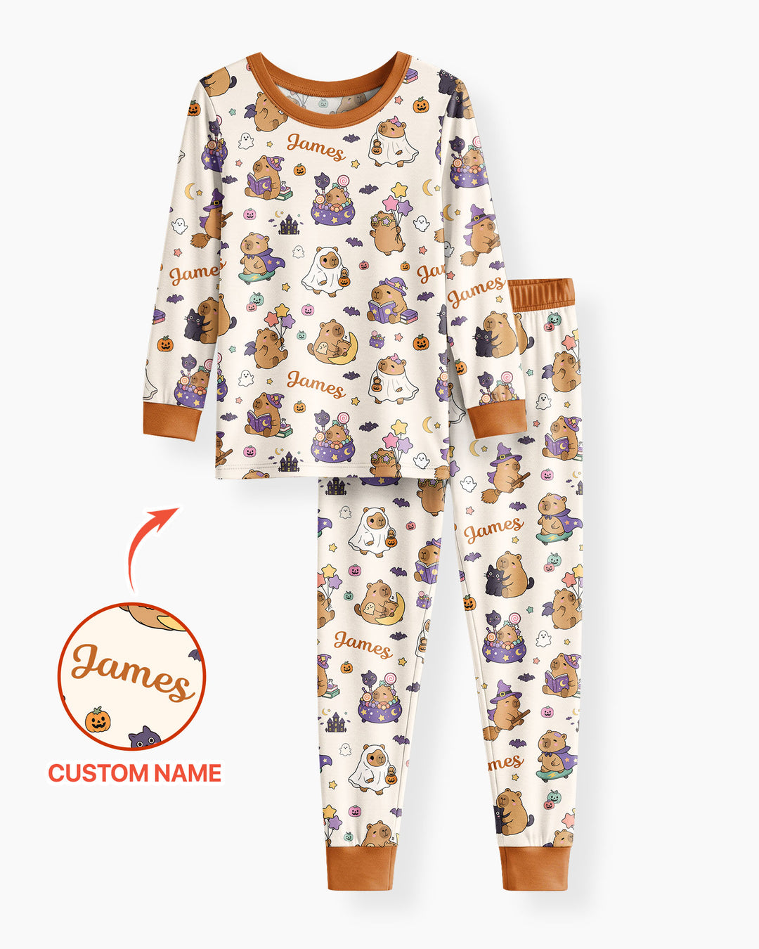 Custom Name Kawaii Halloween Capybara Bamboo Two Piece Long Sleeve Pajama Set