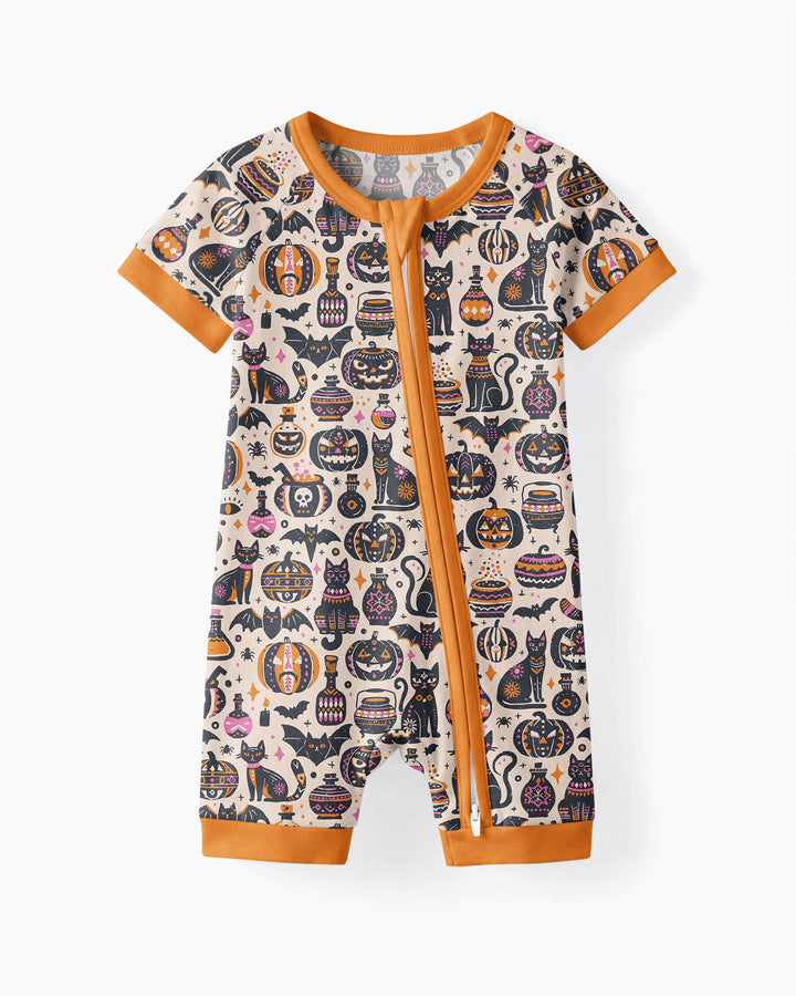 Whimsical Tribal Retro Halloween Black Cats Pumpkins Bamboo Shorty Zippy