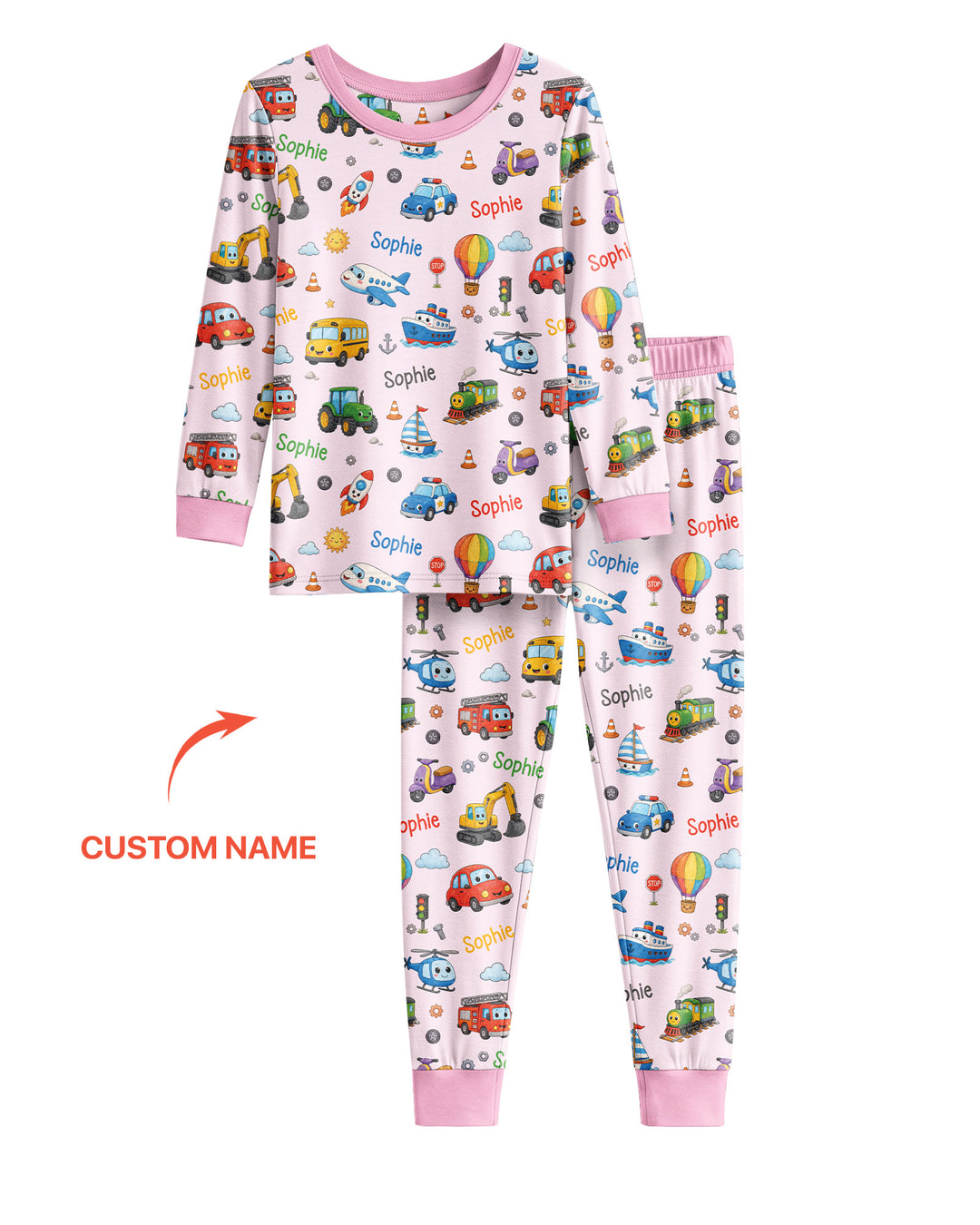 Custom Name Cute Transport Bamboo Two Piece Long Sleeve Pajama Set