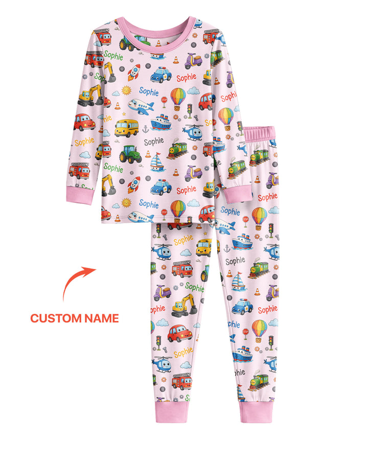 Custom Name Cute Transport Bamboo Two Piece Long Sleeve Pajama Set