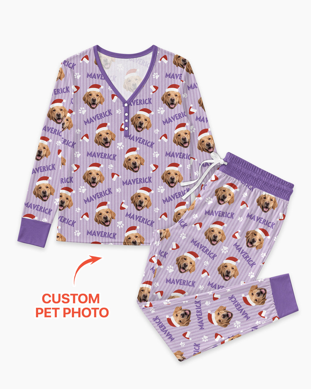 Custom Pet Photo Christmas Paws Stripe Bamboo Women Pajama Set