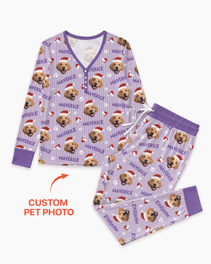 Custom Pet Photo Christmas Paws Stripe Bamboo Women Pajama Set