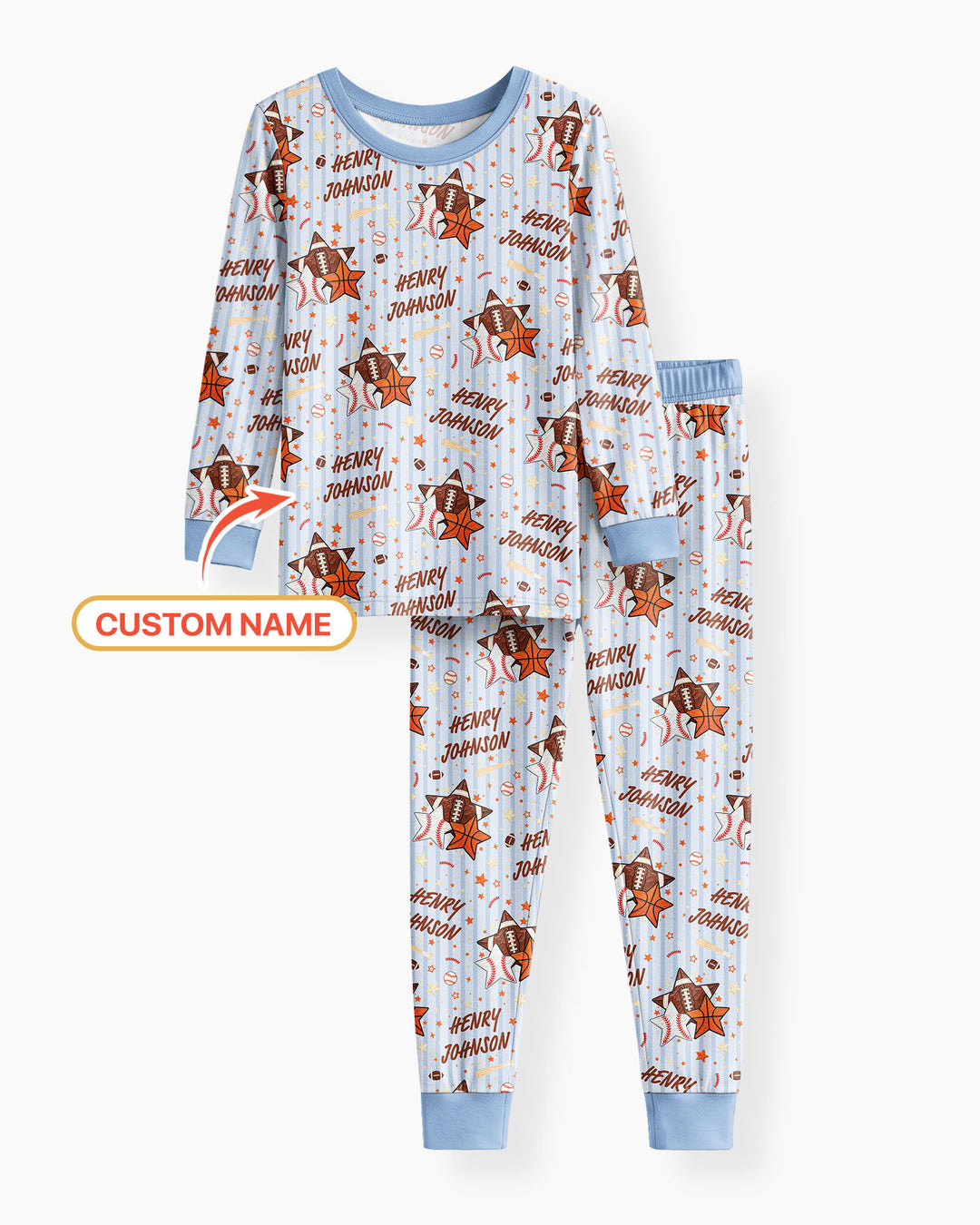 Sport Balls Custom Name Bamboo Two Piece Long Sleeve Pajama Set