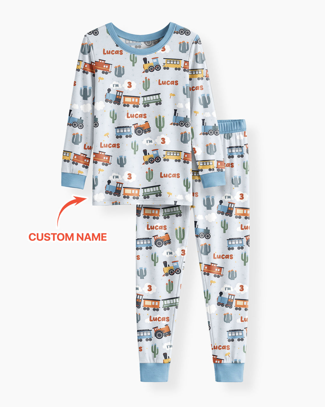 Personalized Train Birthday Bamboo Two Piece Long Sleeve Pajama Set