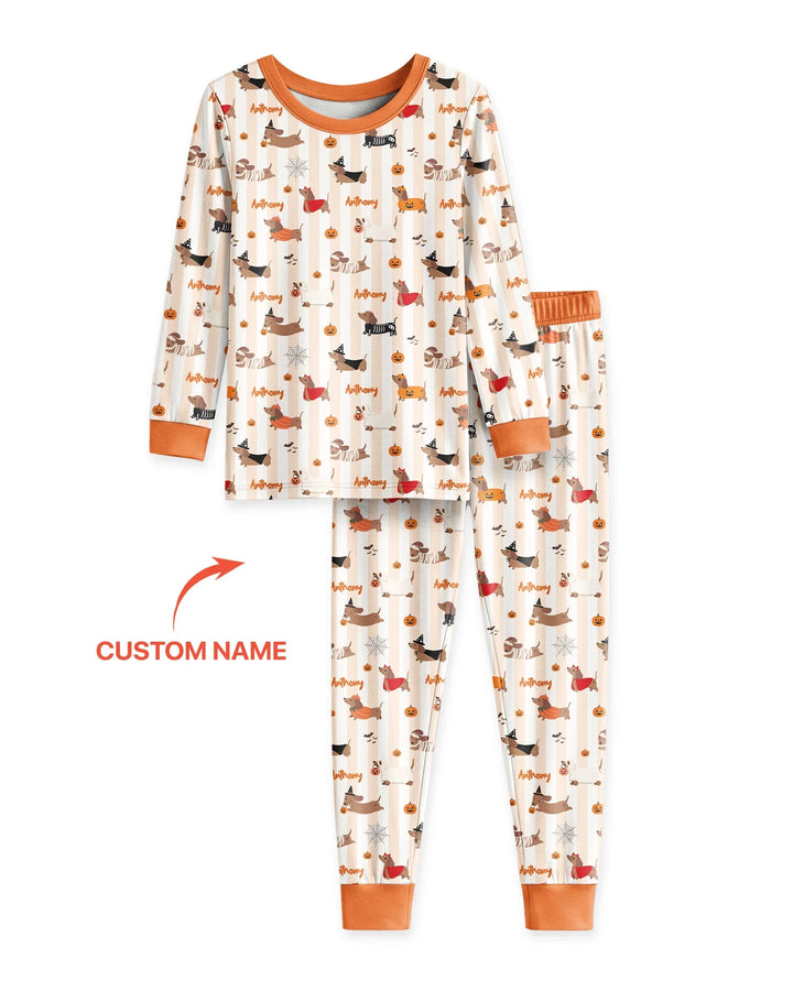 Custom Name Boo Crew Halloween Dachshund  Bamboo Two Piece Long Sleeve Pajama Set