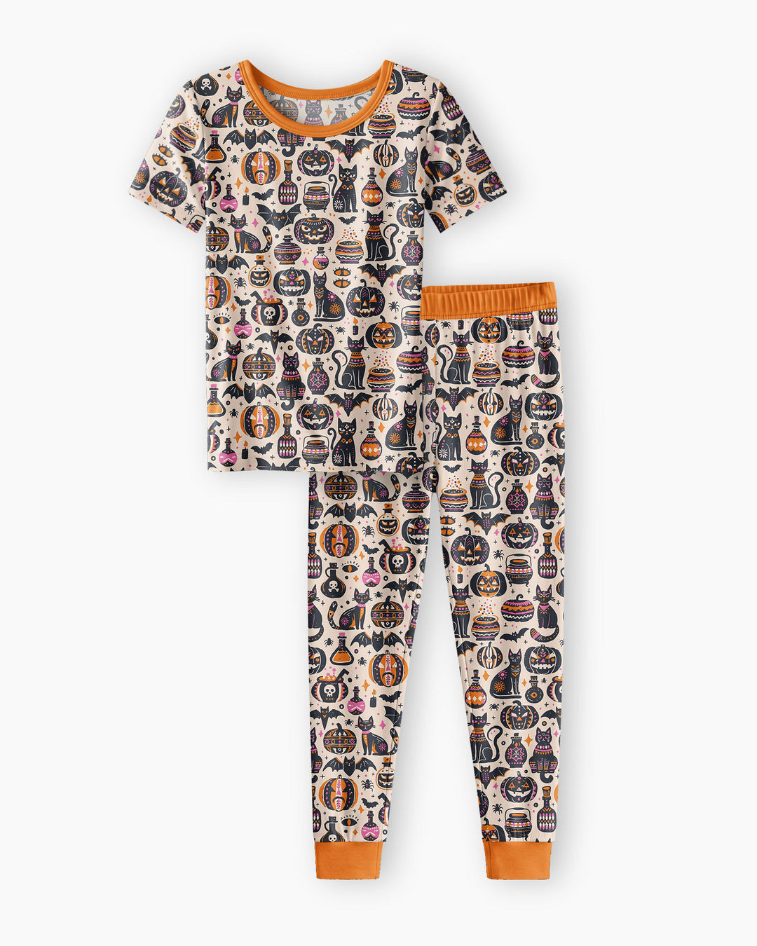 Whimsical Tribal Retro Halloween Black Cats Pumpkins Bamboo Two Piece Short Sleeve Pajama Set