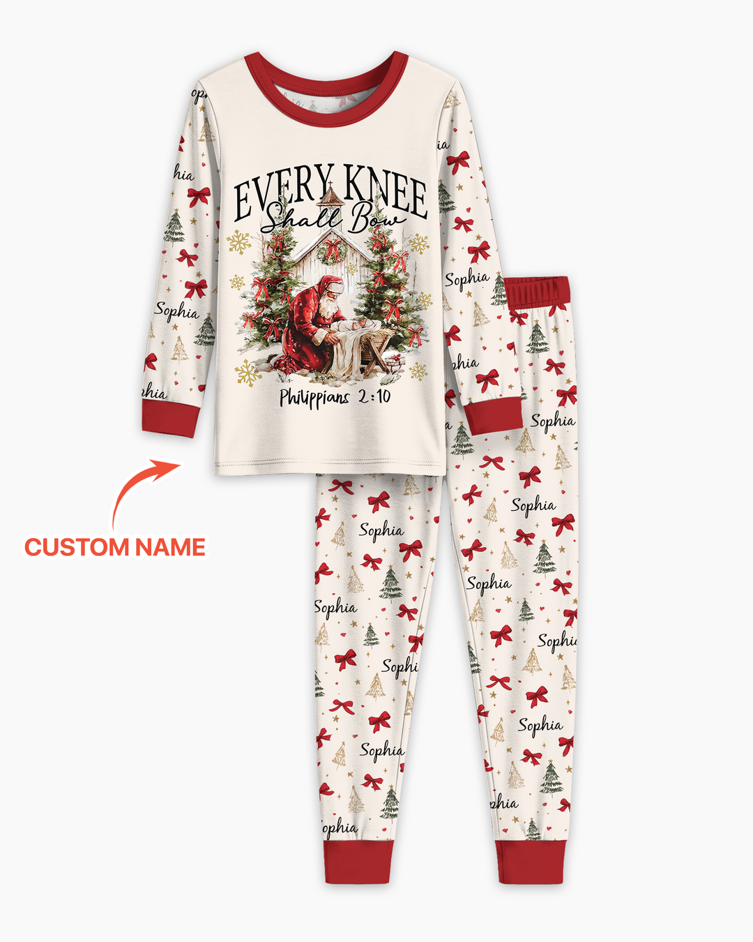 Every Knee Shall Bow Custom Name Mommy And Me Matching Bamboo Two Piece Long Sleeve Pajama Set
