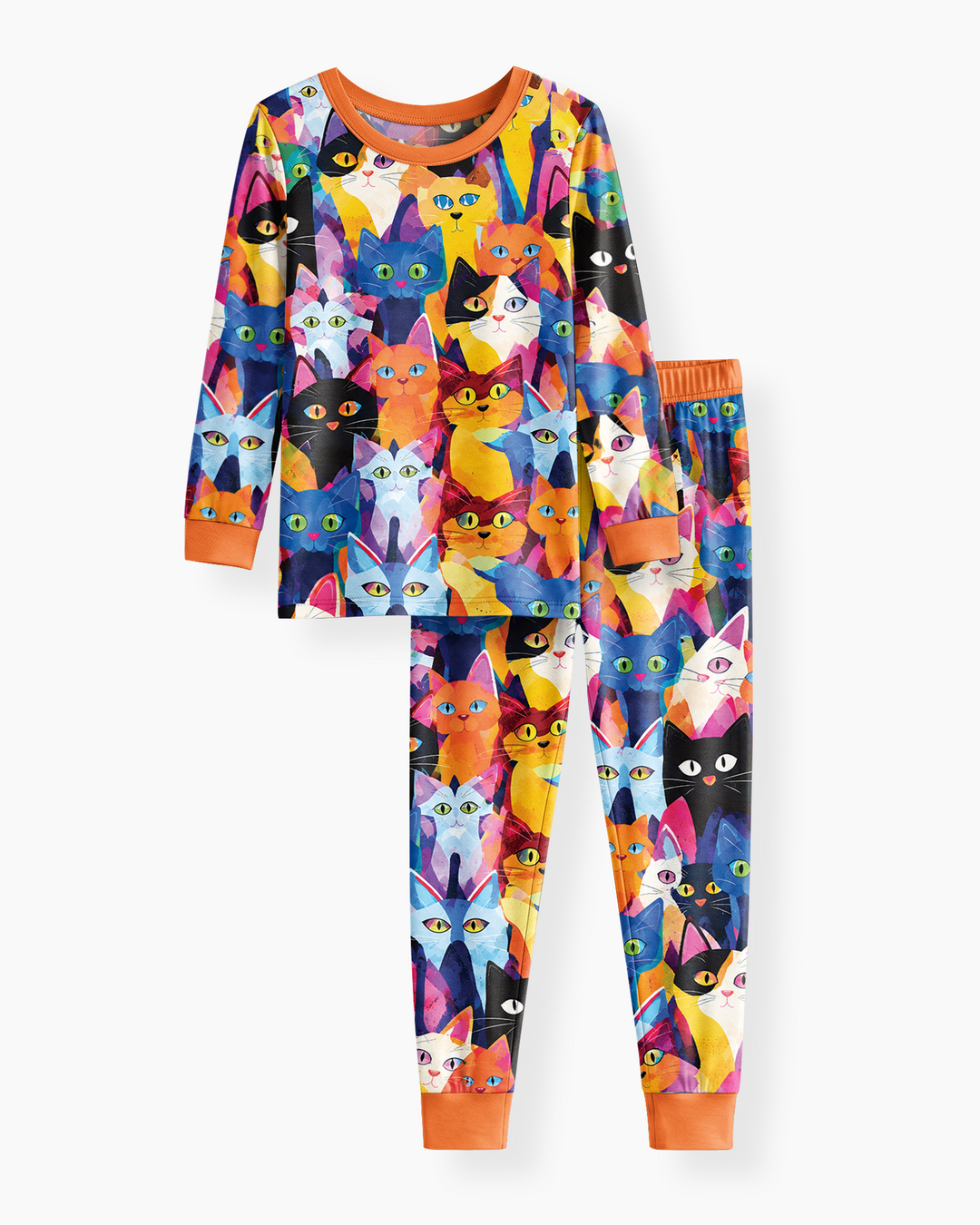 Cartoon Abstract Kitten Pattern Bamboo Two Piece Long Sleeve Pajama Set