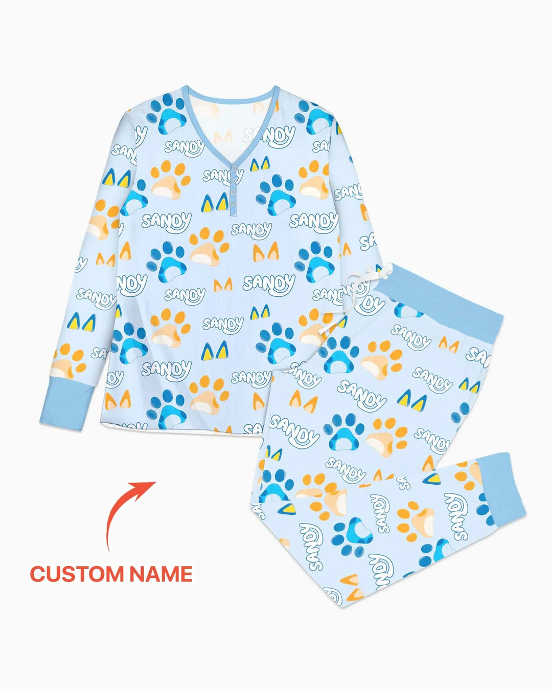 Benutzerdefinierter Name Lieblings-blaue Hunde-Familien-Pyjama-Set aus Bambus für Damen