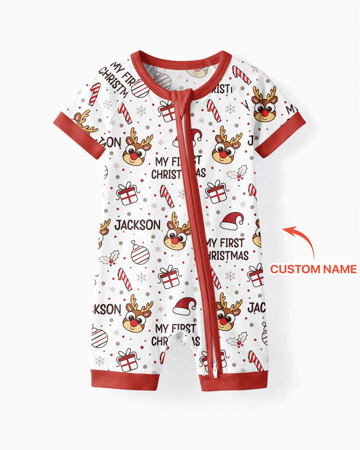 Custom Name Reindeer Doodle My First Christmas Bamboo Shorty Zippy