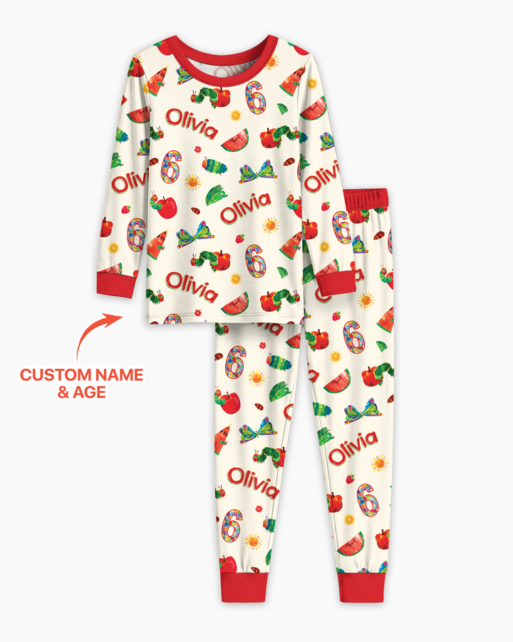 Custom Name and Age Birthday Of Very Hungry Caterpillar Bamboo Two Piece Long Sleeve Pajama Set