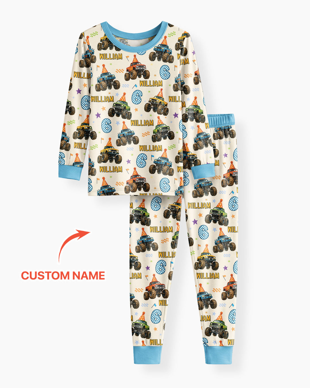 Custom Name Birthday Boy Monster Truck Bamboo Two Piece Long Sleeve Pajama Set