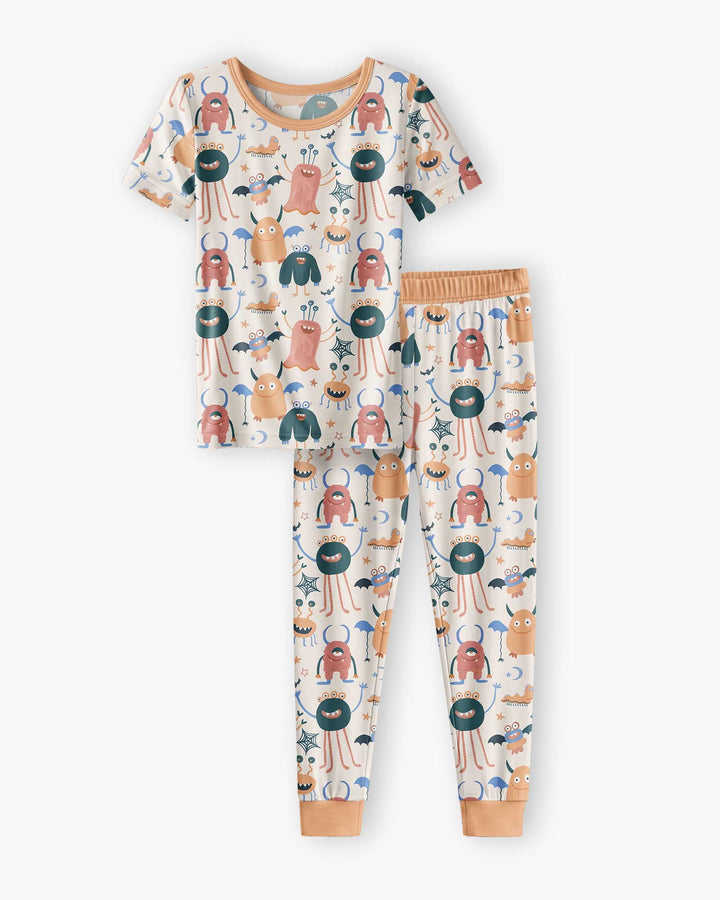 Monsters Fun Pastels Hand Painted Cute Bamboo Two Piece Short Sleeve Pajama Set
