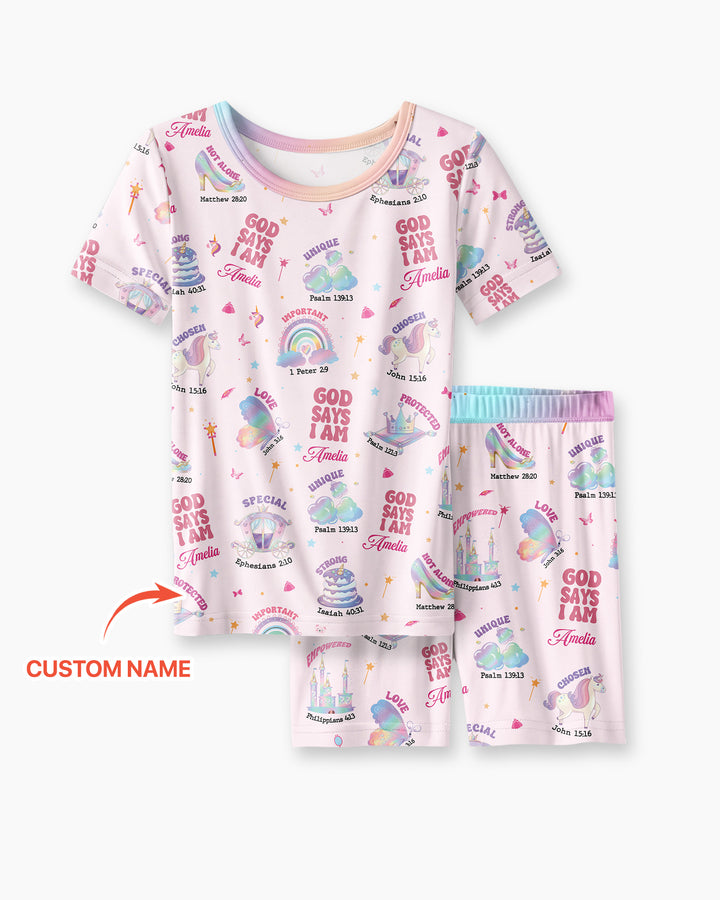 God Says I Am Custom Name - Dreamy Princess Bamboo Two Piece Short Sleeve Pajama Set