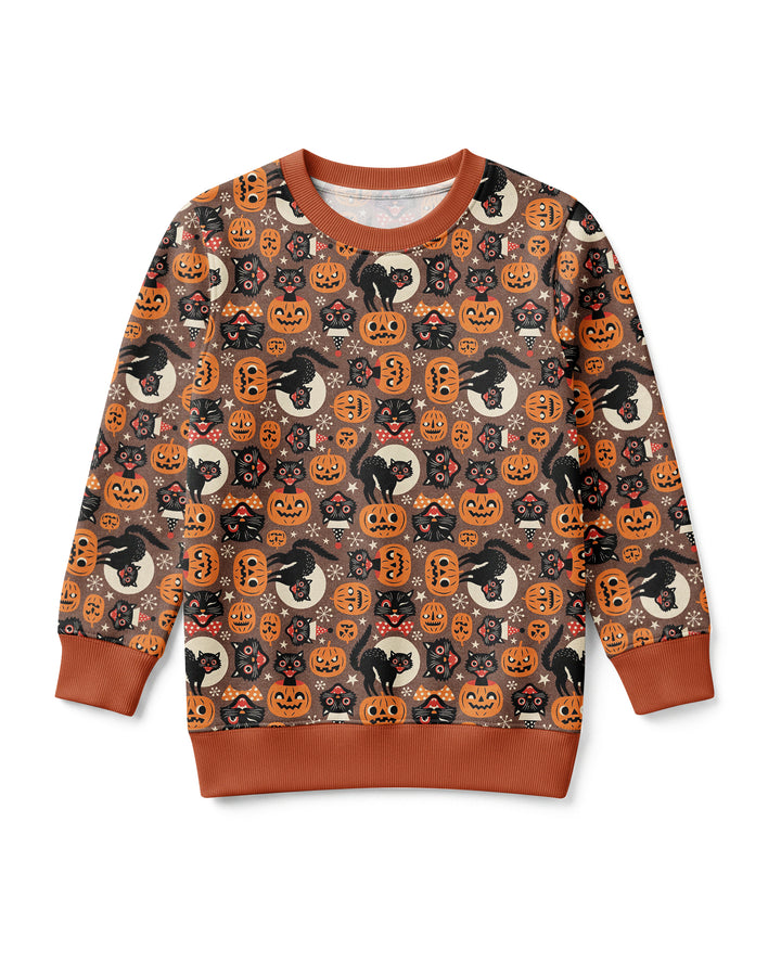 Vintage Halloween Black Cat Pumpkin Bamboo Crewneck Sweatshirt