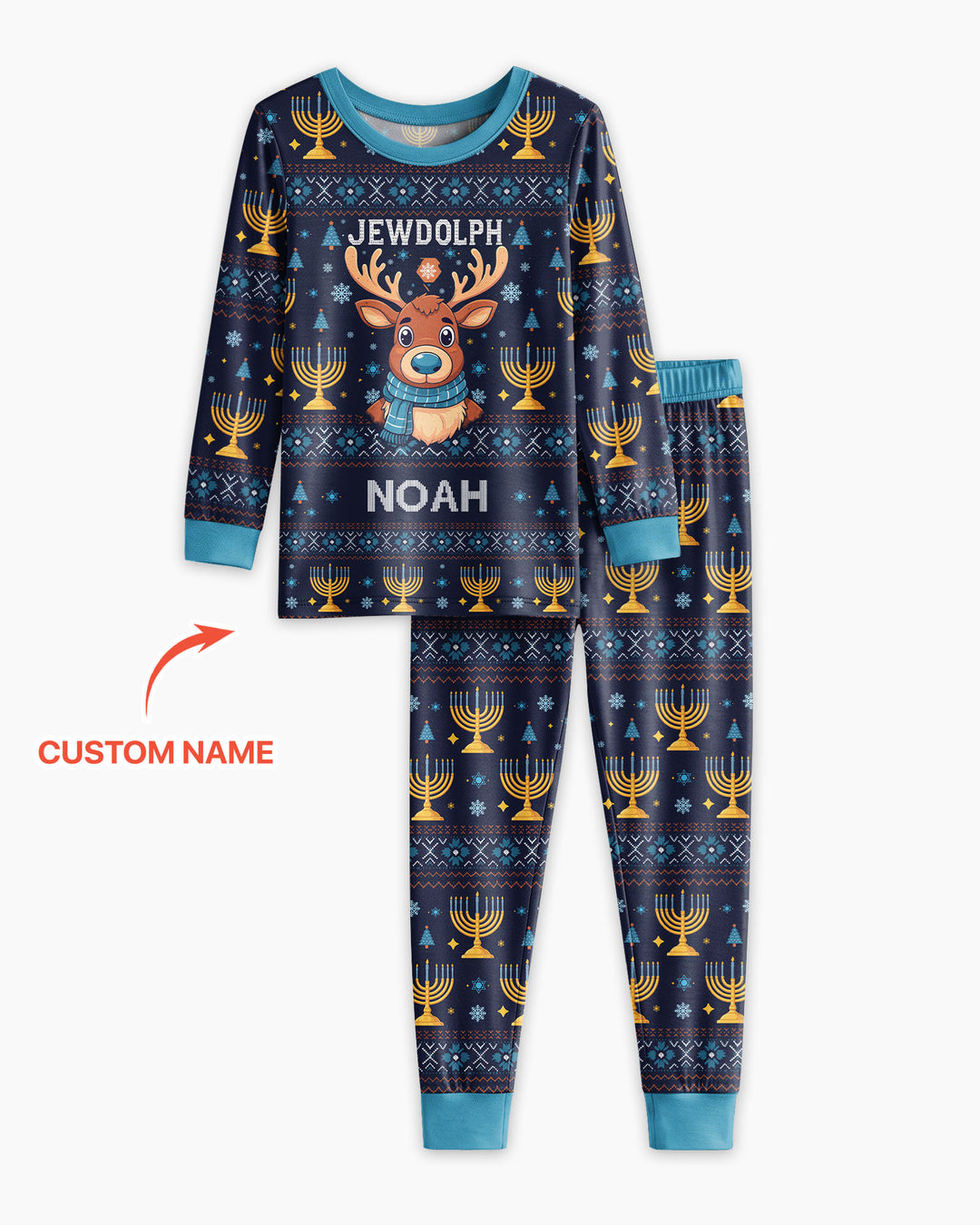 Custom Name Jewdolph Hanukkah Bamboo Two Piece Long Sleeve Pajama Set