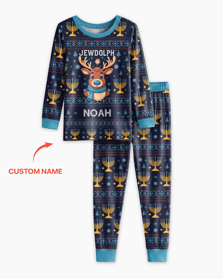 Custom Name Jewdolph Hanukkah Bamboo Two Piece Long Sleeve Pajama Set