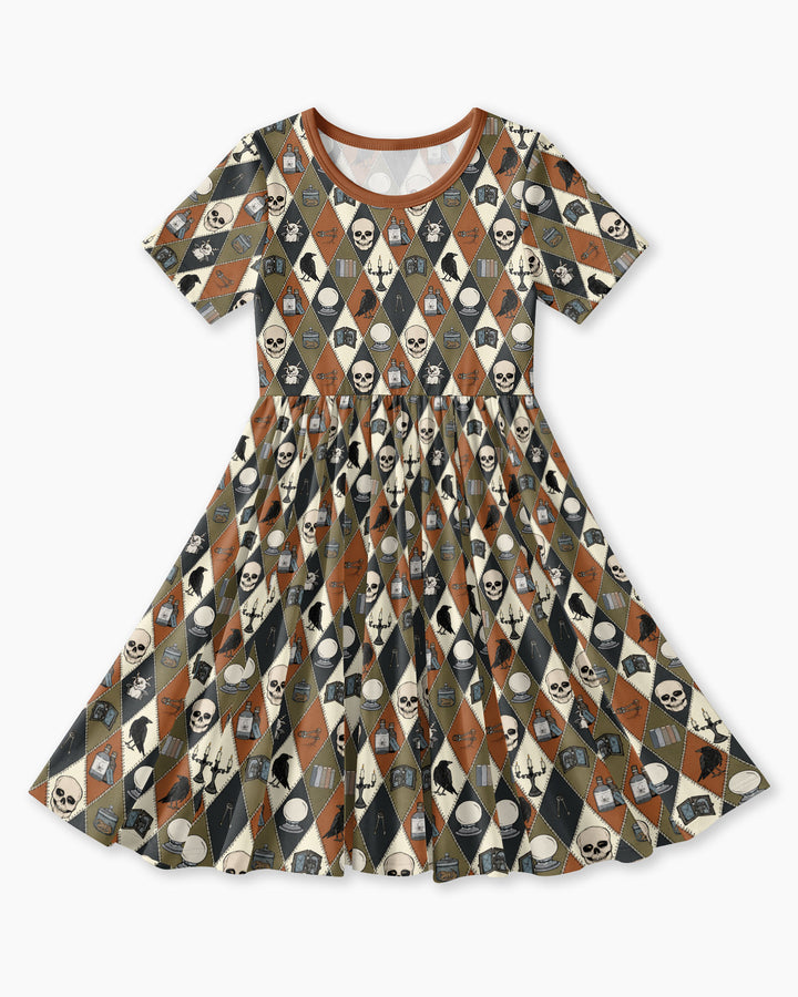 Retro Gothic Halloween Patchwork Bamboo Twirl Dress
