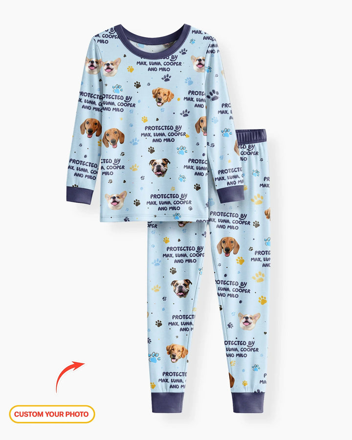 Custom Dog Photos "Protected By" Pawfect Blue Bamboo Two Piece Long Sleeve Pajama Set