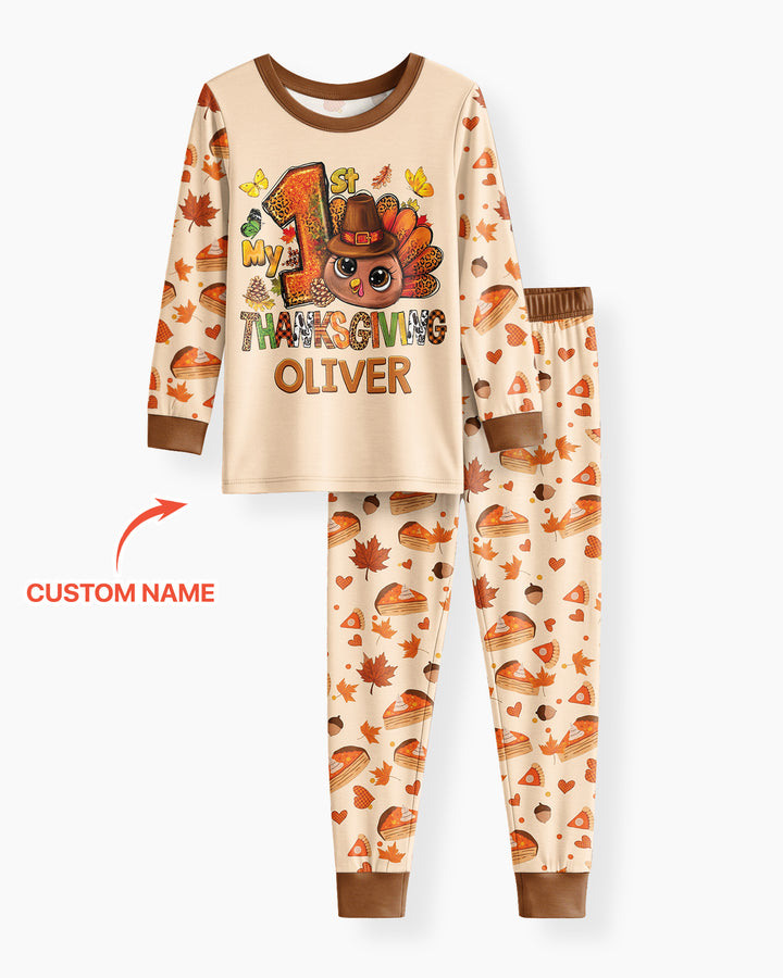 Custom Name My First Thanksgiving Bamboo Two Piece Long Sleeve Pajama Set