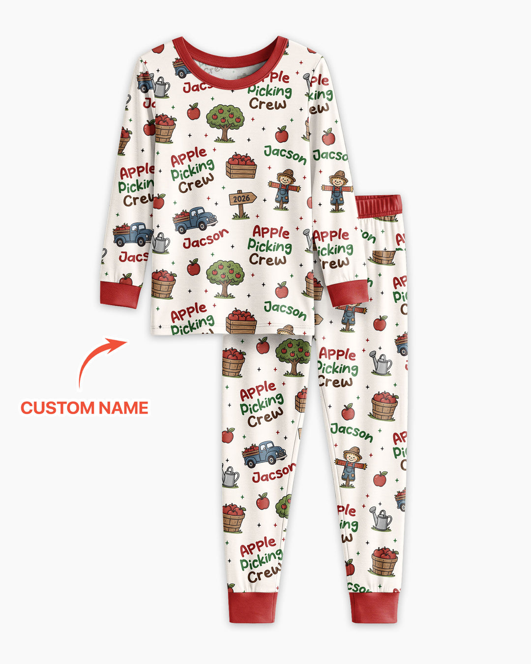 Custom Name Apple Picking Crew Bamboo Two Piece Long Sleeve Pajama Set