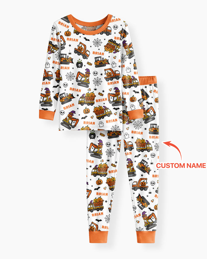 Custom Name Halloween Construction Trucks Bamboo Two Piece Long Sleeve Pajama Set