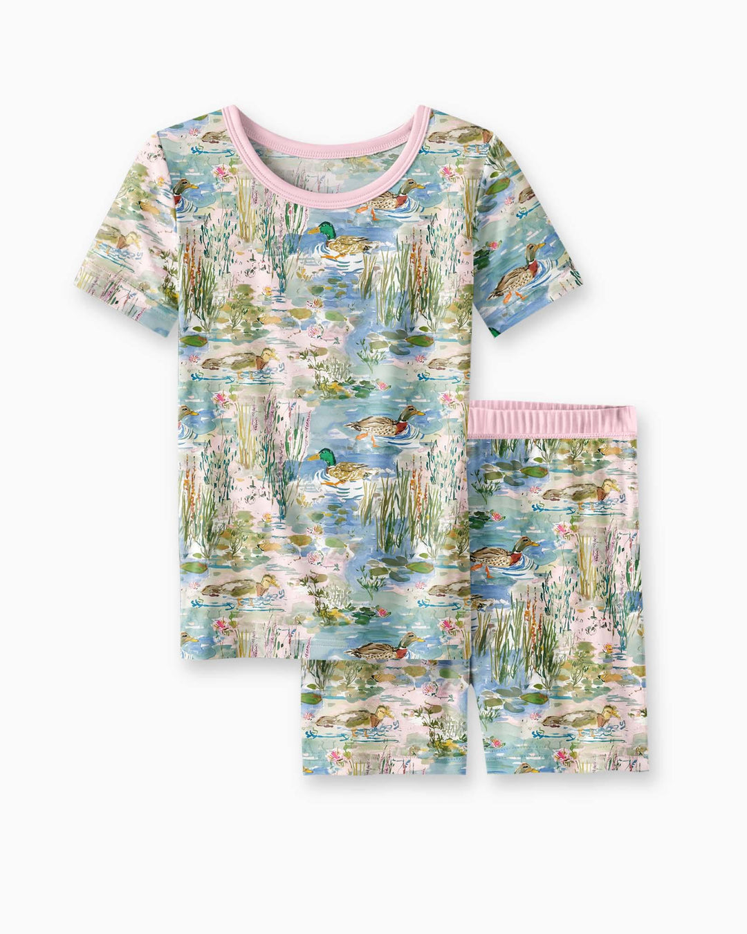 Watercolor Mallard Duck Bamboo Two Piece Short Sleeve Shorts Pajama Set