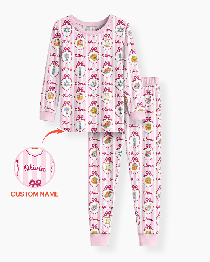 Custom Name Hanukkah Striped Bamboo Two Piece Long Sleeve Pajama Set