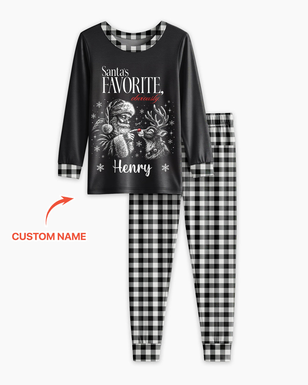 Custom Name Santa's Favorite Buffalo Plaid Bamboo Two Piece Long Sleeve Pajama Set