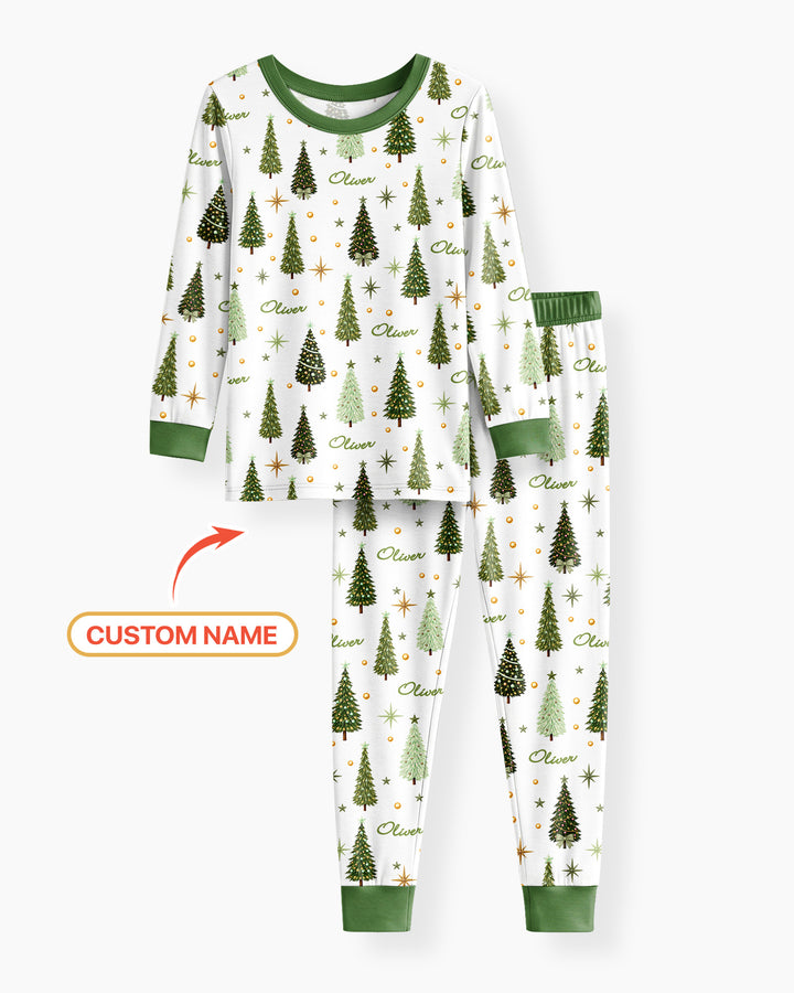 Custom Name Merry Christmas Tree Bamboo Two Piece Long Sleeve Pajama Set