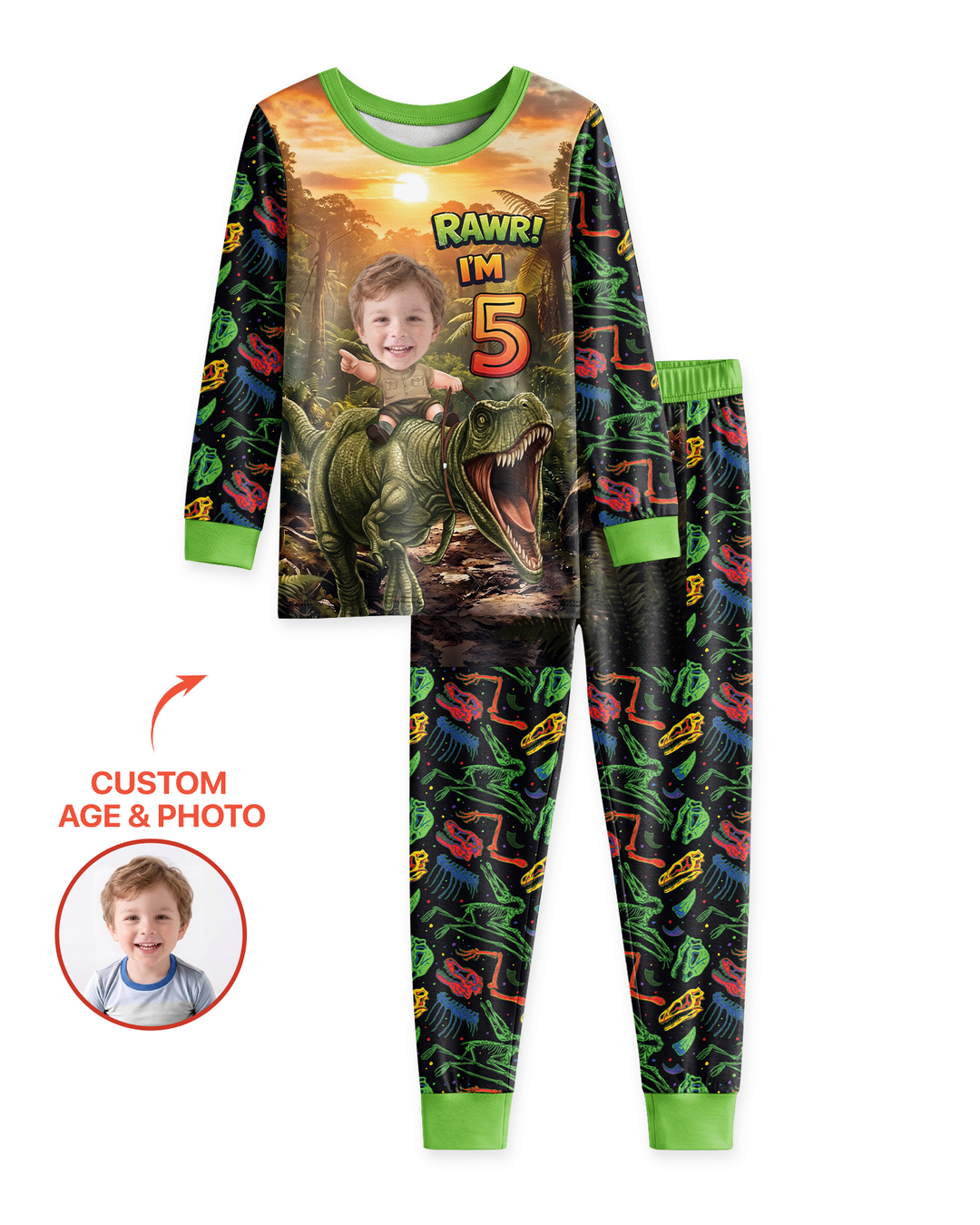Custom Photo Dino Rawr Birthday Bamboo Two Piece Long Sleeve Pajama Set