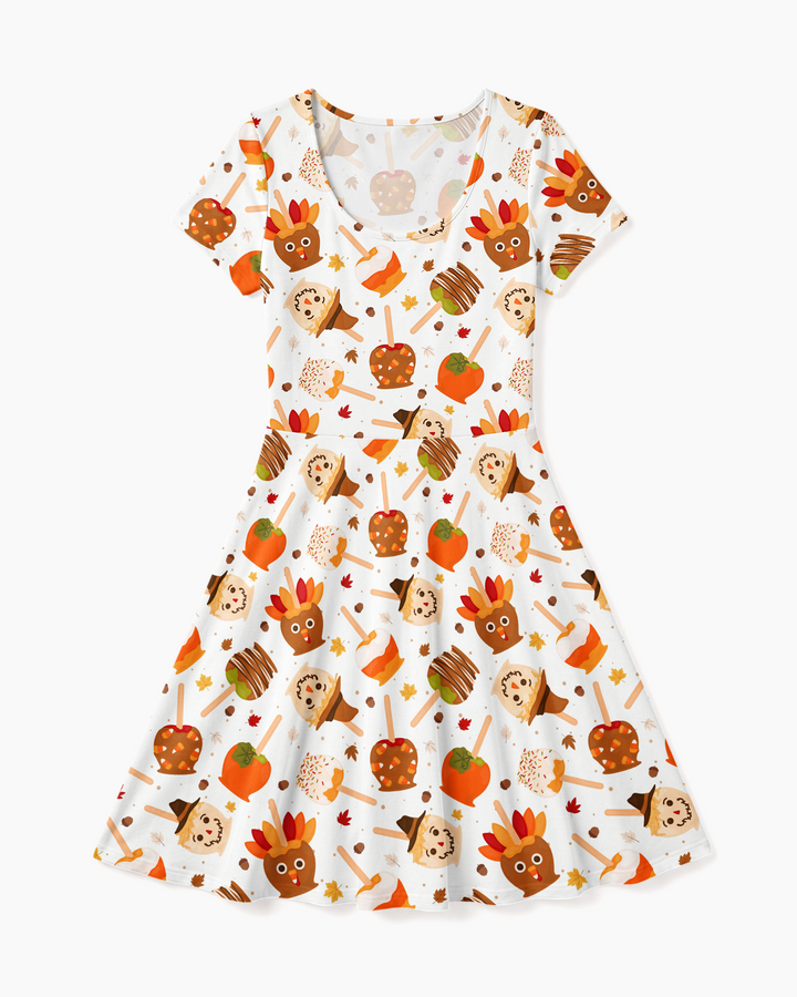 Fall Caramel Apple Family Matching Bamboo Women’s Short Sleeve Twirl Dress