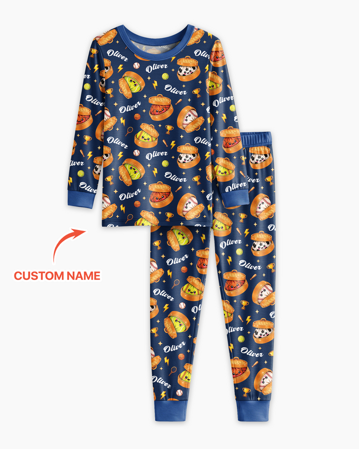 Custom Name Sports Dumpling Bamboo Two Piece Long Sleeve Pajama Set