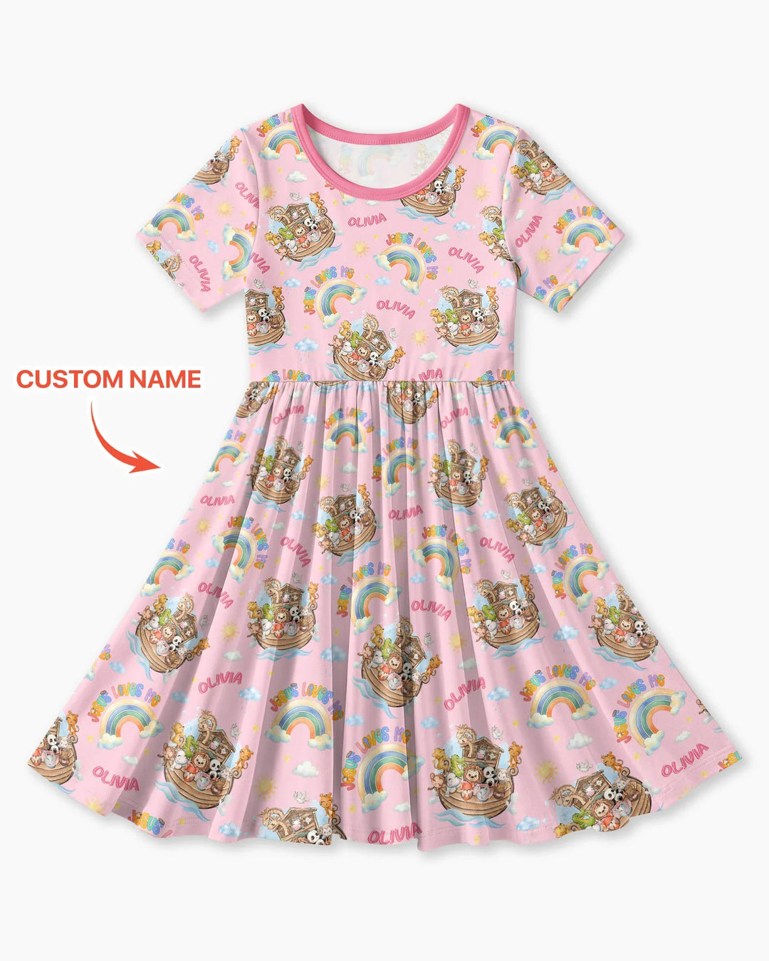 Custom Name Jesus Loves Me Noah's Ark Bamboo Twirl Dress