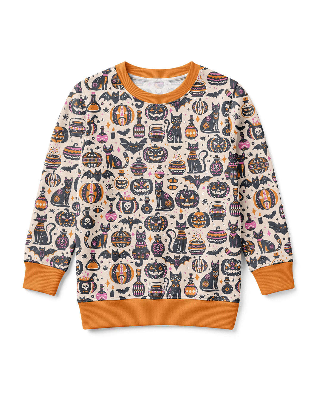 Whimsical Tribal Retro Halloween Black Cats Pumpkins Bamboo Crewneck Sweatshirt
