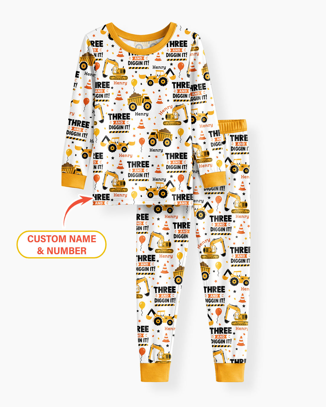 Personalized Birthday Construction Truck Diggin It Bamboo Two Piece Long Sleeve Pajama Set