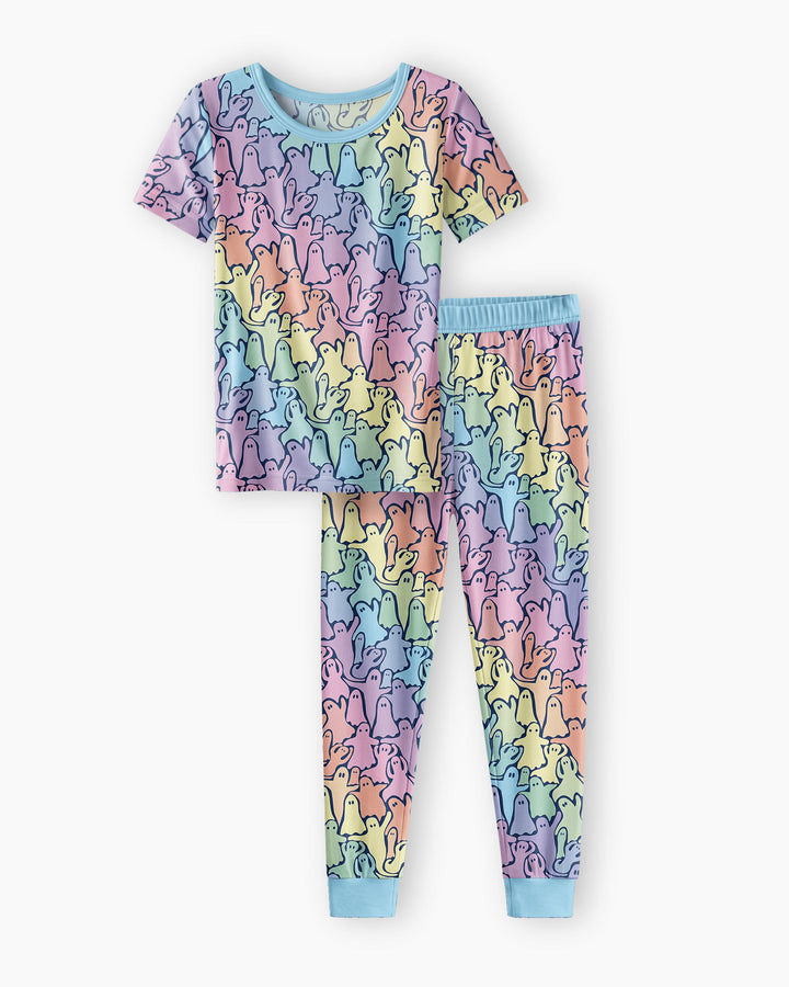 Pastel Rainbow Ghost Halloween Bamboo Two Piece Short Sleeve Pajama Set