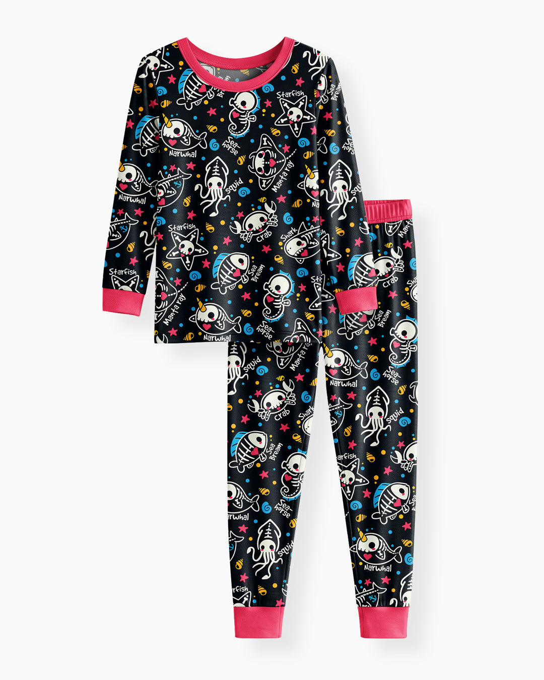 Kawaii Skeleton Ocean Animals Bamboo Two Piece Long Sleeve Pajama Set