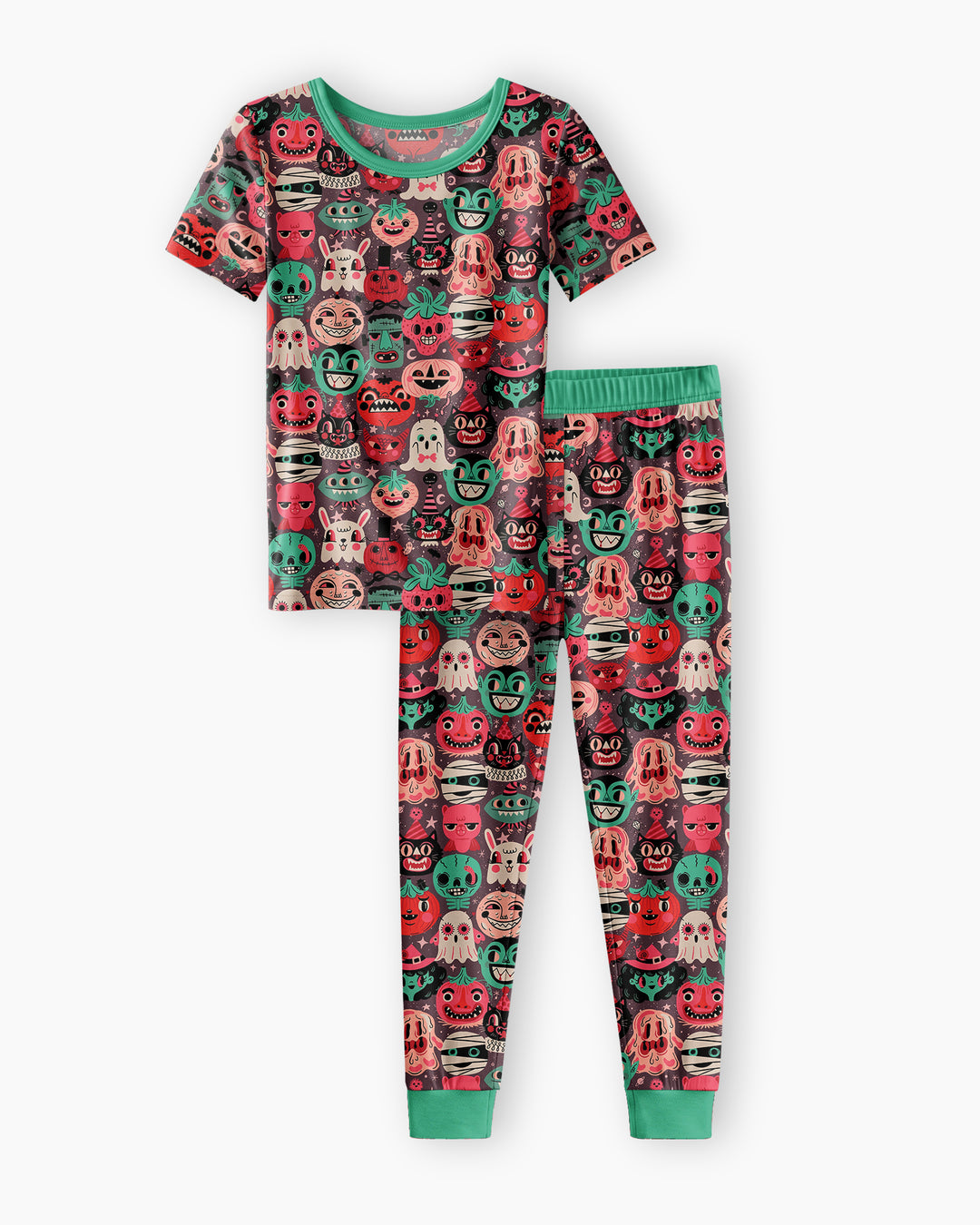 Retro Halloween Monsters Ghost Pumpkin Mummy Bamboo Two Piece Short Sleeve Pajama Set