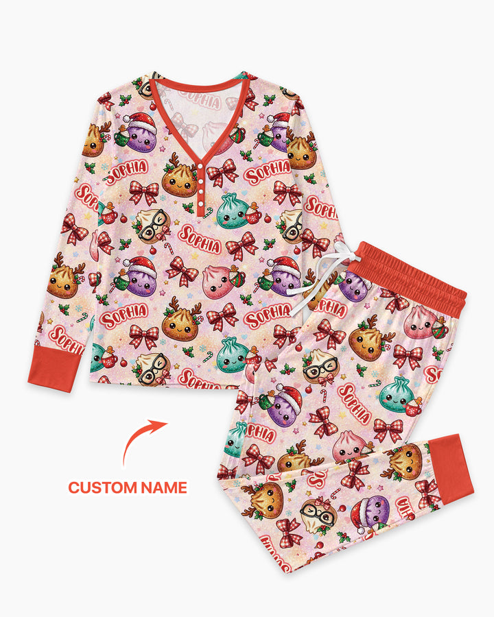 Custom Name Merry Christmas Dumpling Bamboo Women Pajama Set