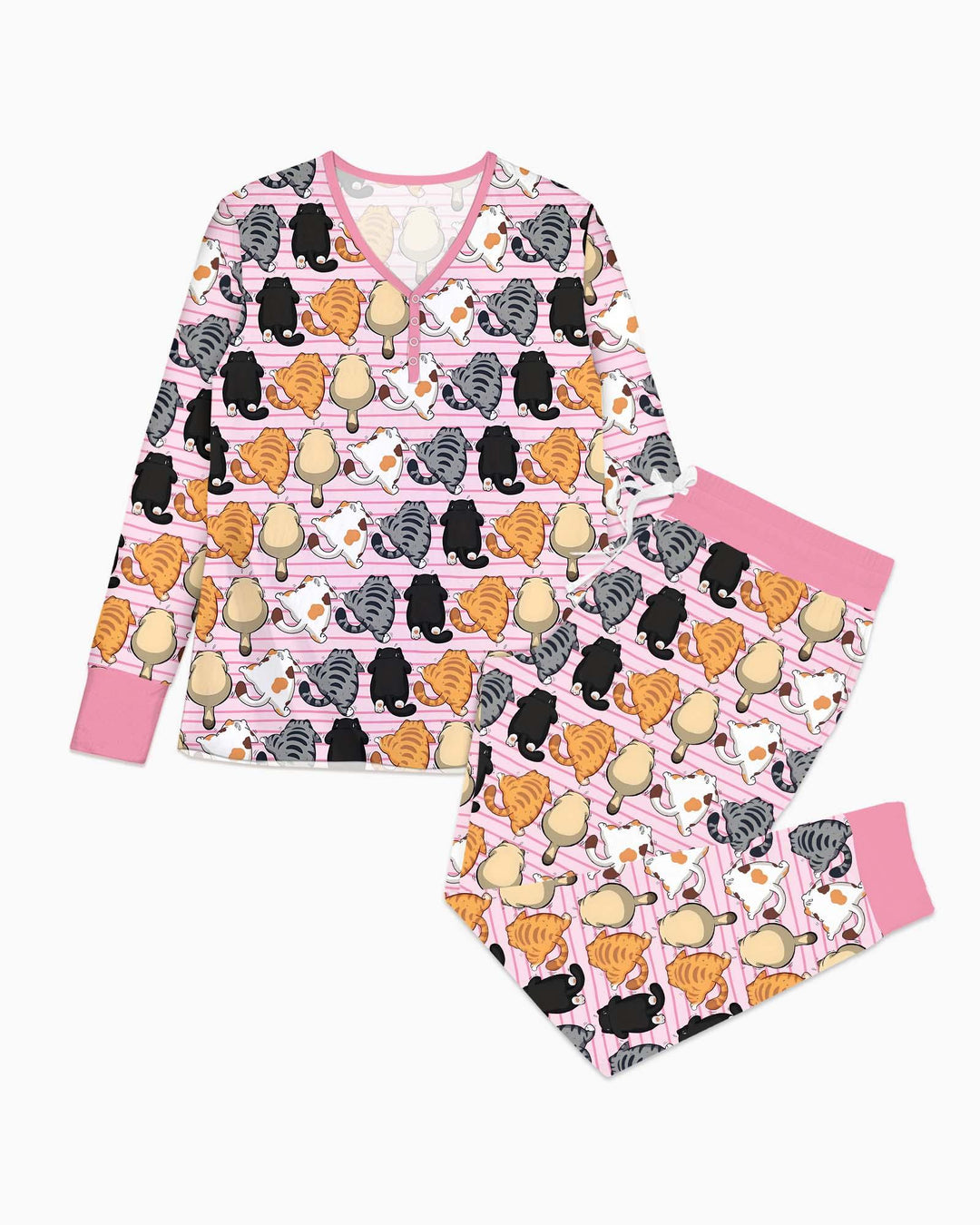Lustige Katzenhintern-Club-Familien-Pyjama-Set aus Bambus für Damen