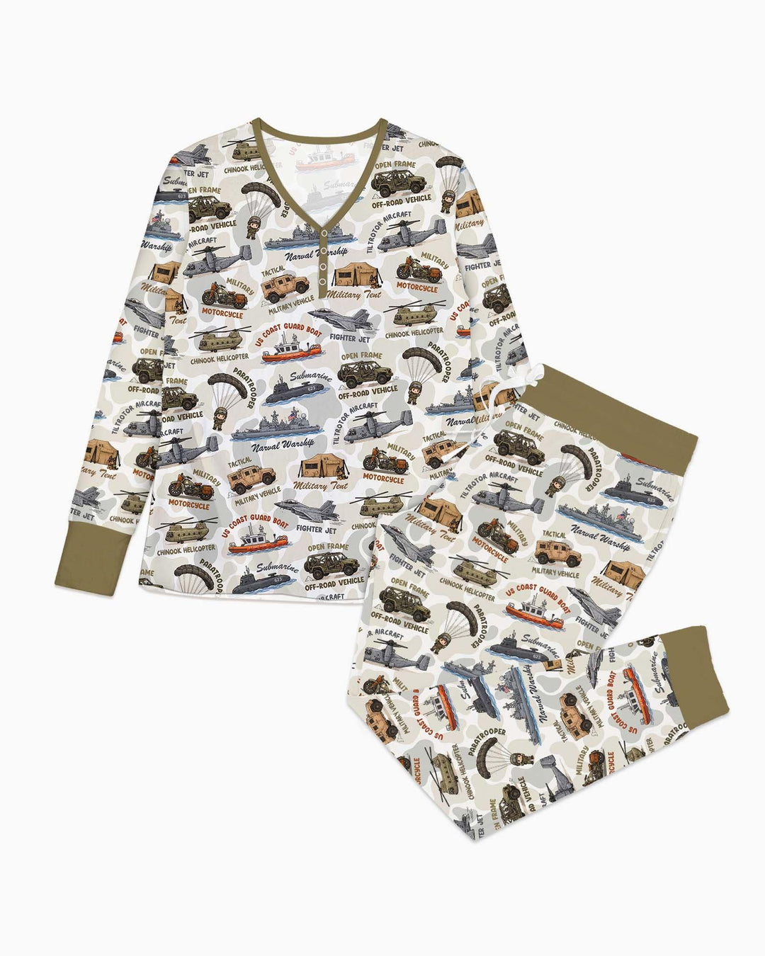 Schlafanzugset aus Bambus für Damen mit passendem Militärfamilien-Motiv „Little Hero“