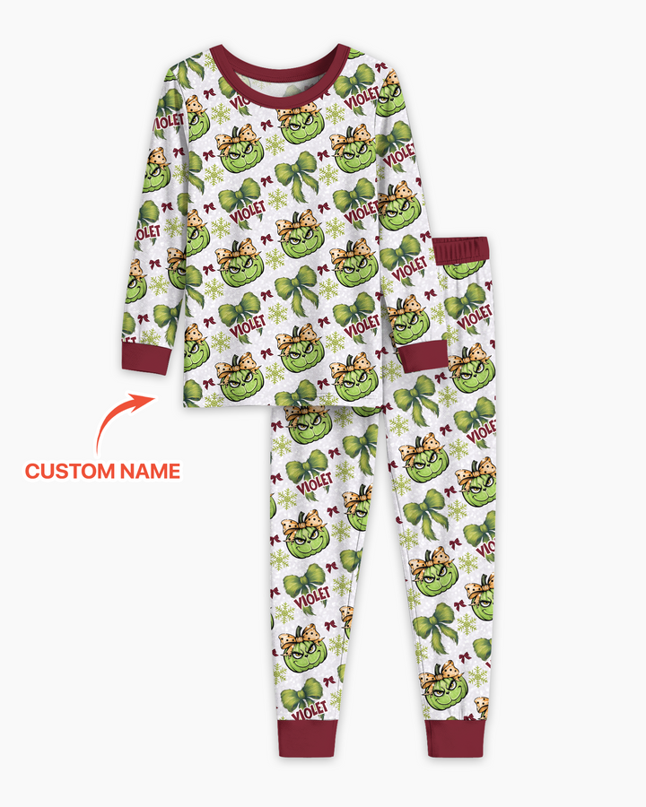 Custom Name Grumpy Green Christmas Bamboo Two Piece Long Sleeve Pajama Set