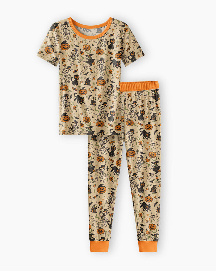 Vintage Skeleton Pumpkin Halloween Bamboo Two Piece Short Sleeve Pajama Set