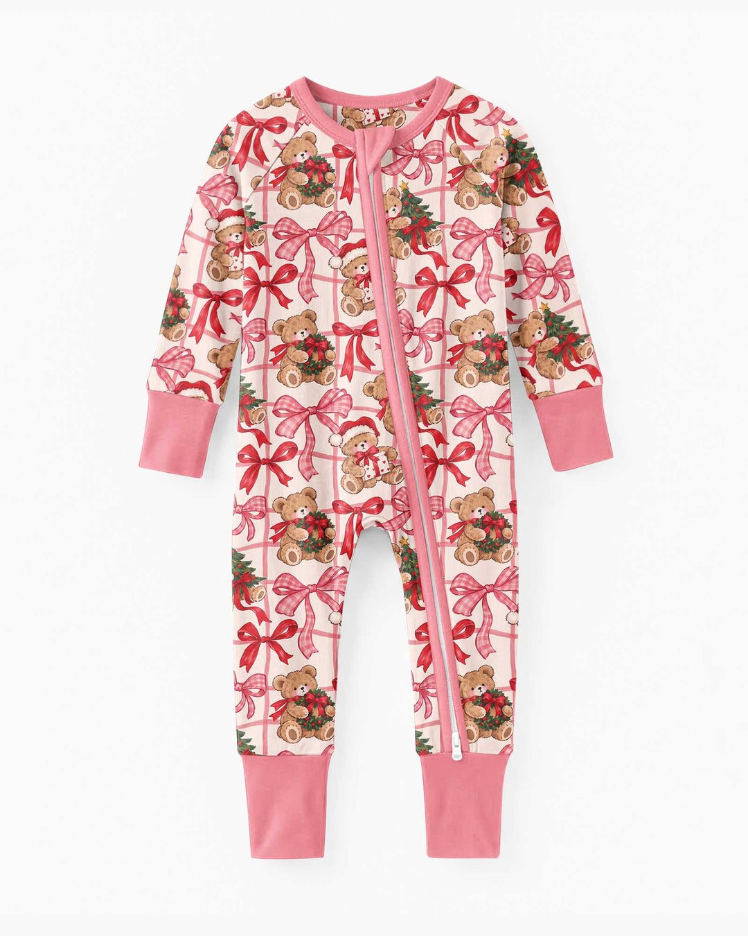 Pink Christmas Teddy Bear Plaid Mommy & Me Matching Bamboo Convertible Zippy