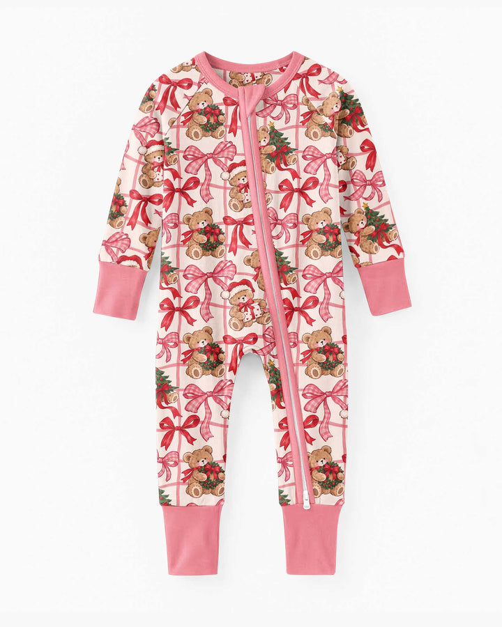 Pink Christmas Teddy Bear Plaid Mommy & Me Matching Bamboo Convertible Zippy